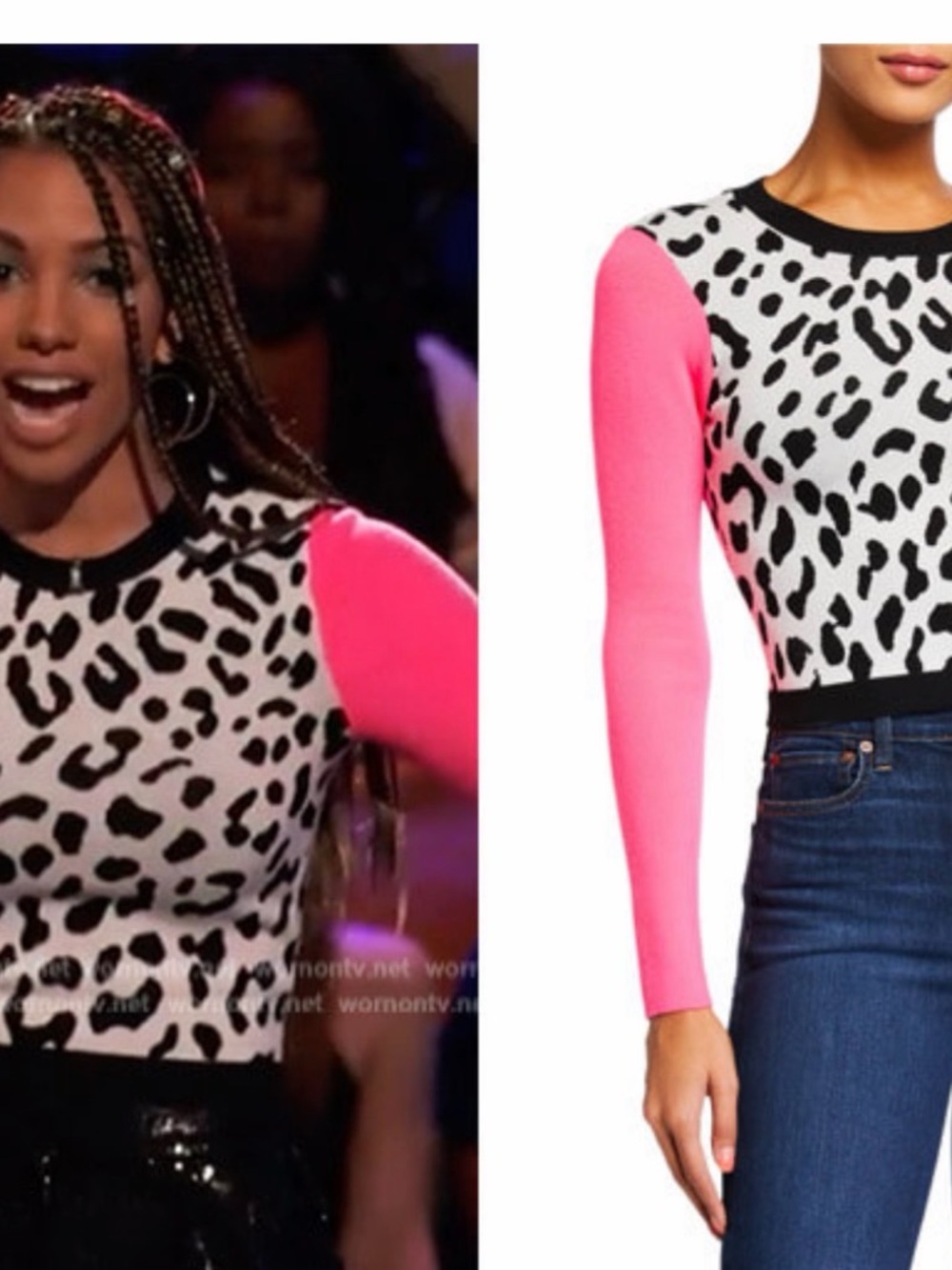 Alice + Olivia Black & White Leopard Crewneck Sweater with Pink Sleeves